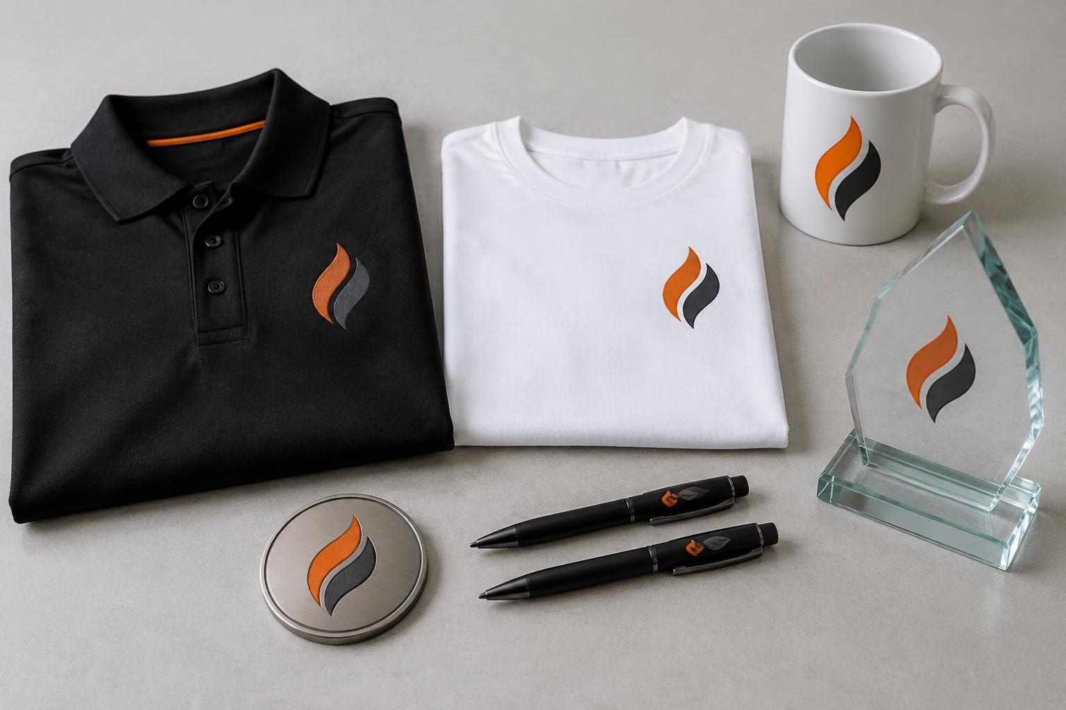 Corporate concept collection with apparel, a coin, mug, pens and glass award