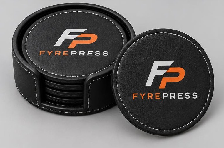 FyrePress logo concept on leatherette coasters with holder sets