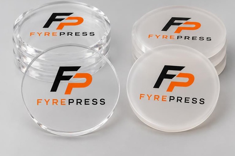 FyrePress logo concept on acrylic & resin custom coasters