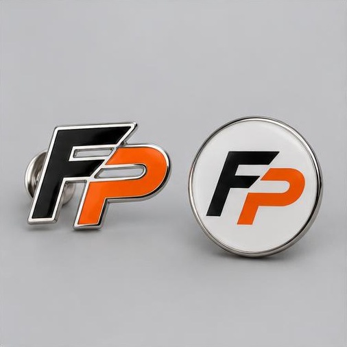 FyrePress logo concept on metal badges & pins