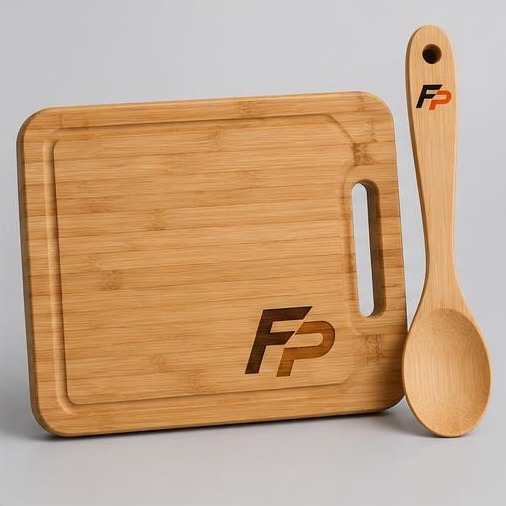 FyrePress logo concept on engraved cutting boards & kitchenware