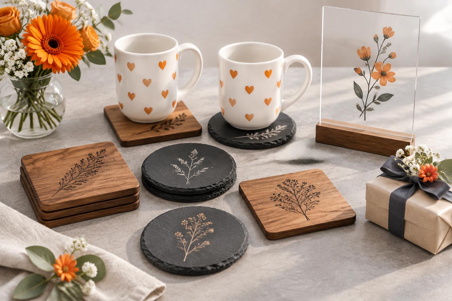 Wedding and birthday concept gifts with wood and slate coasters, mugs and an acrylic keepsake