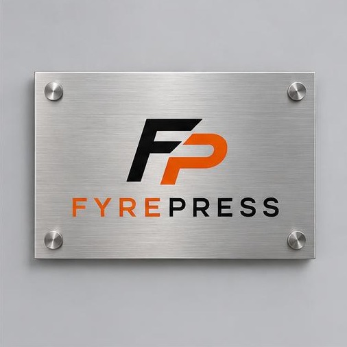 FyrePress logo concept on metal business plaques