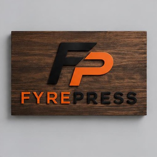 FyrePress logo concept on wooden engraved wall signs